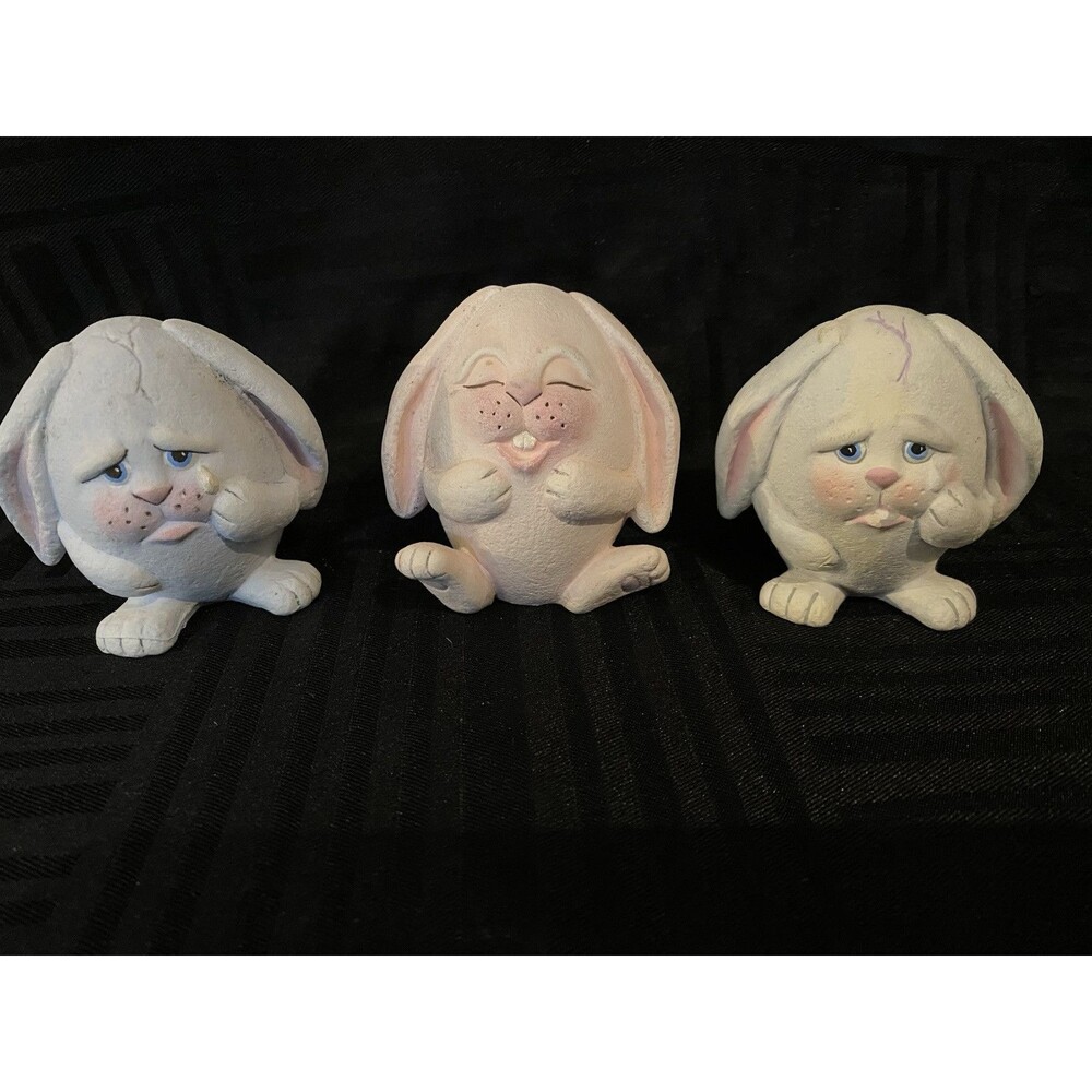 Bunny Egg shaped anthropomorphic floppy eared hand painted Easter figurines